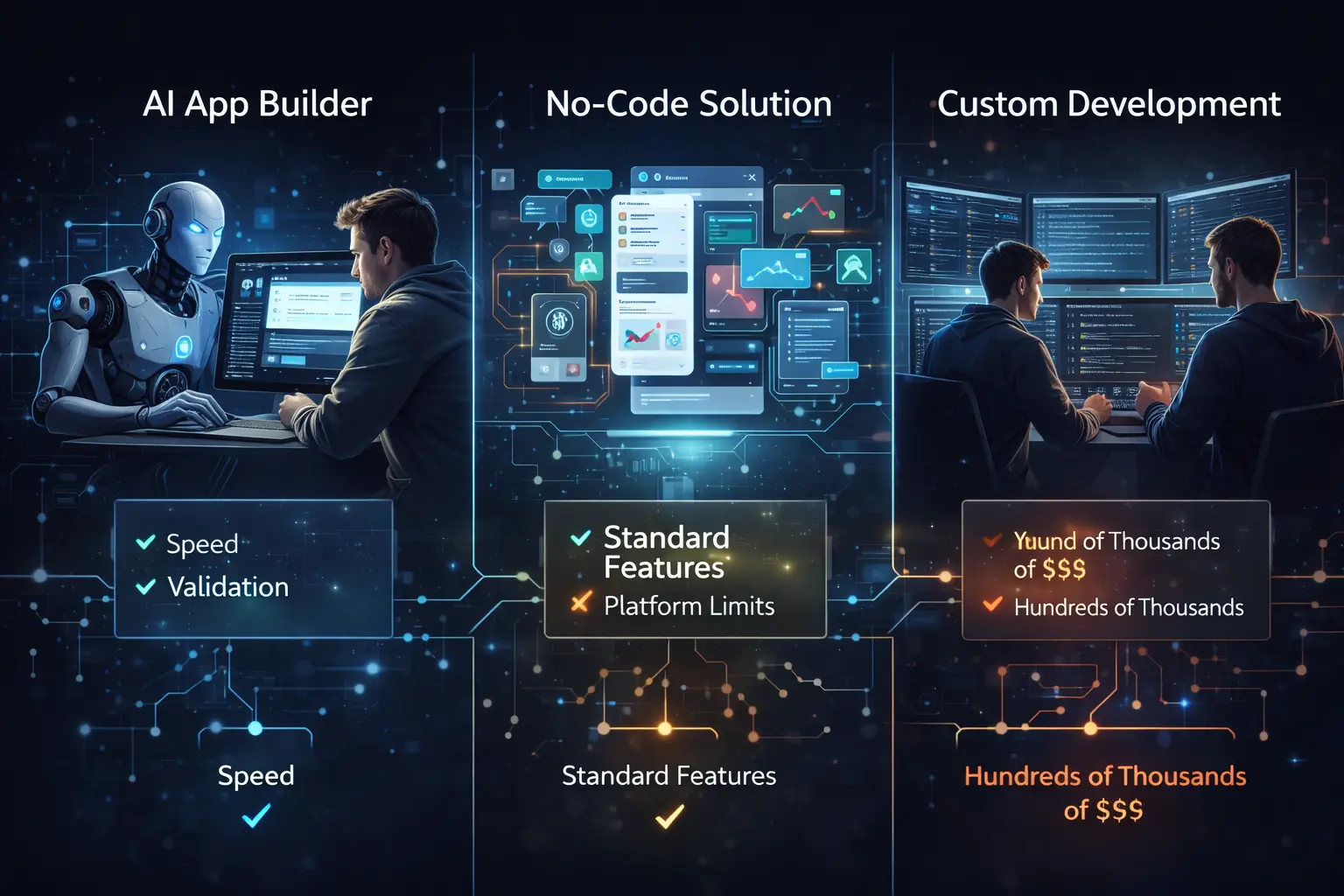 Comparing AI app builders, no-code and custom app development