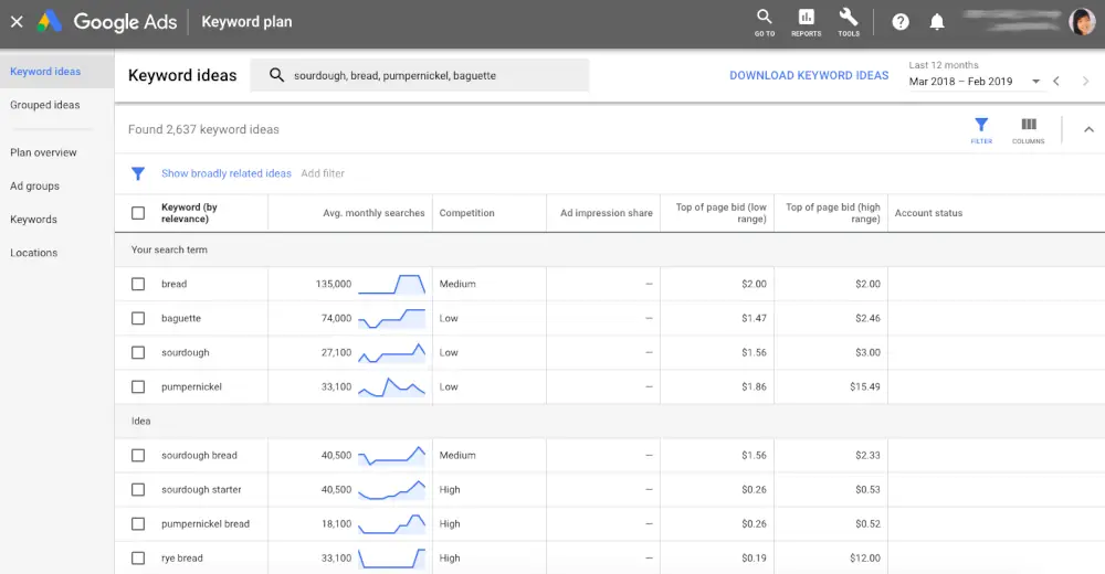 Google Keyword Planner for commercial keyword discovery