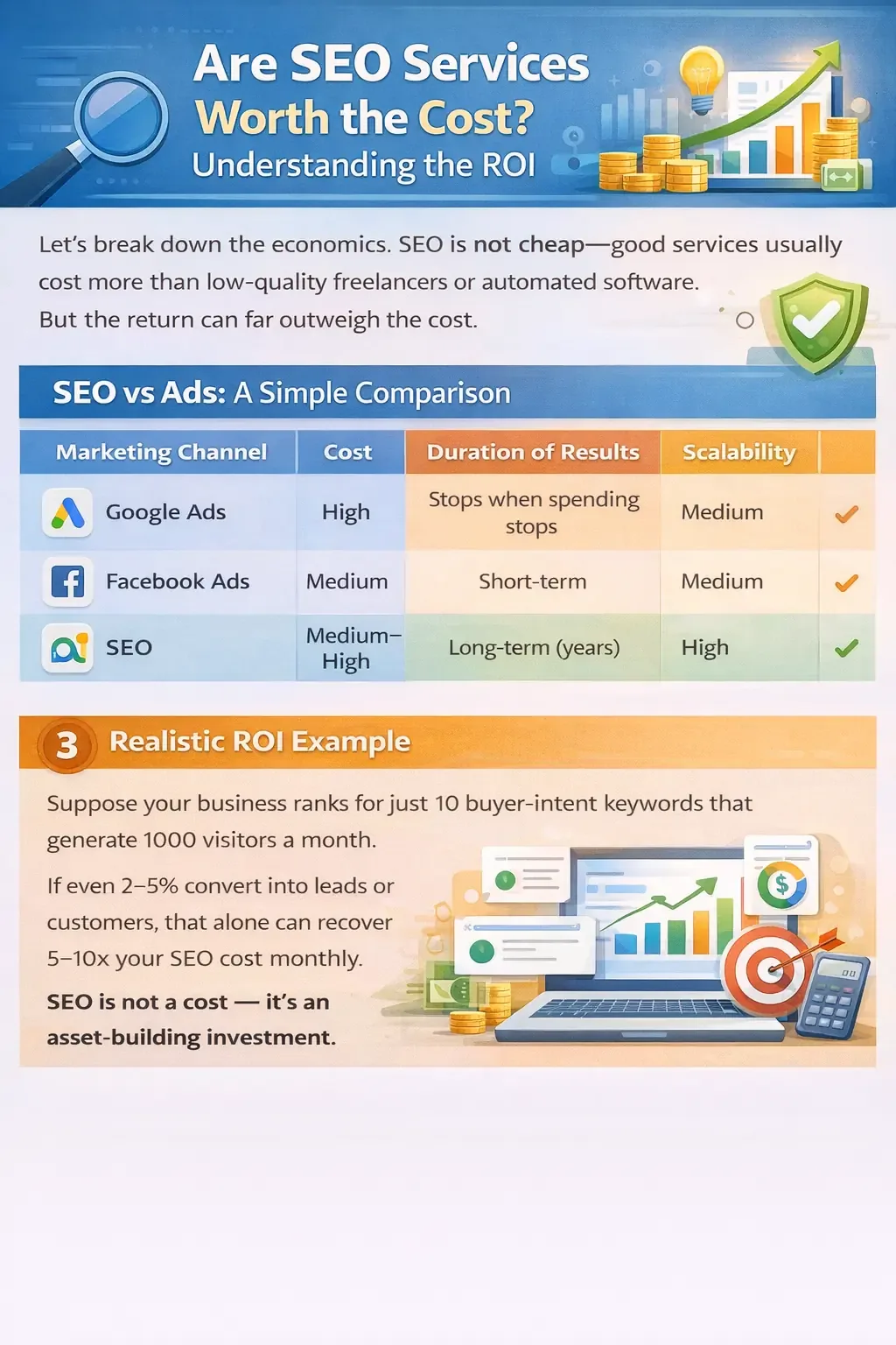 Are SEO services worth the cost: SEO compared with Google Ads and Facebook Ads, and a realistic ROI example