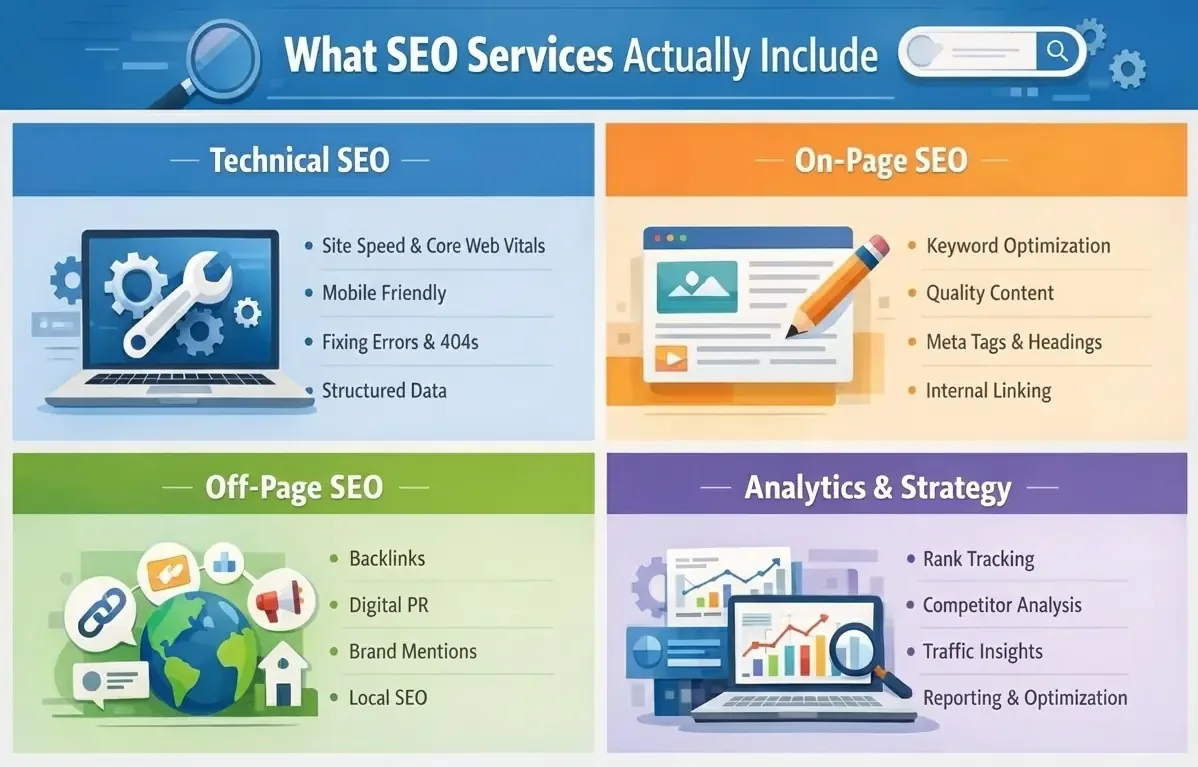 What SEO services actually include: technical SEO, on-page SEO, off-page SEO and analytics and strategy