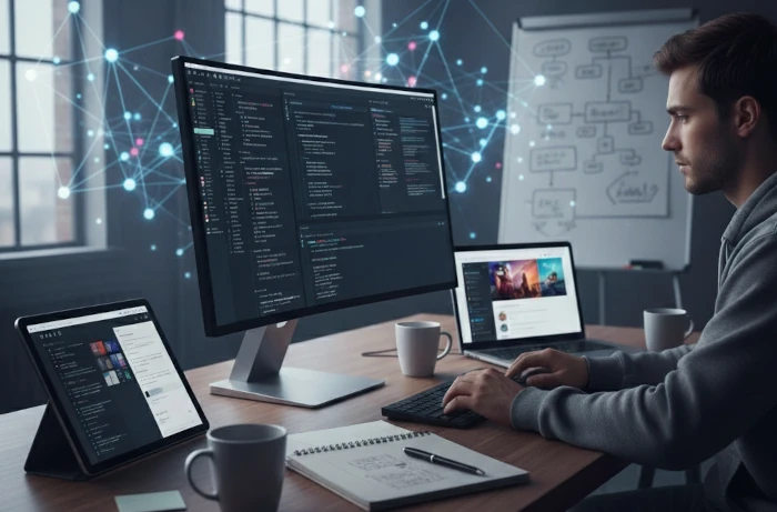 Four people seated around a table with laptops having a meeting