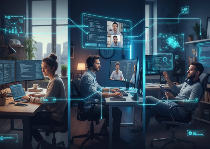 Four people seated around a table with laptops having a meeting
